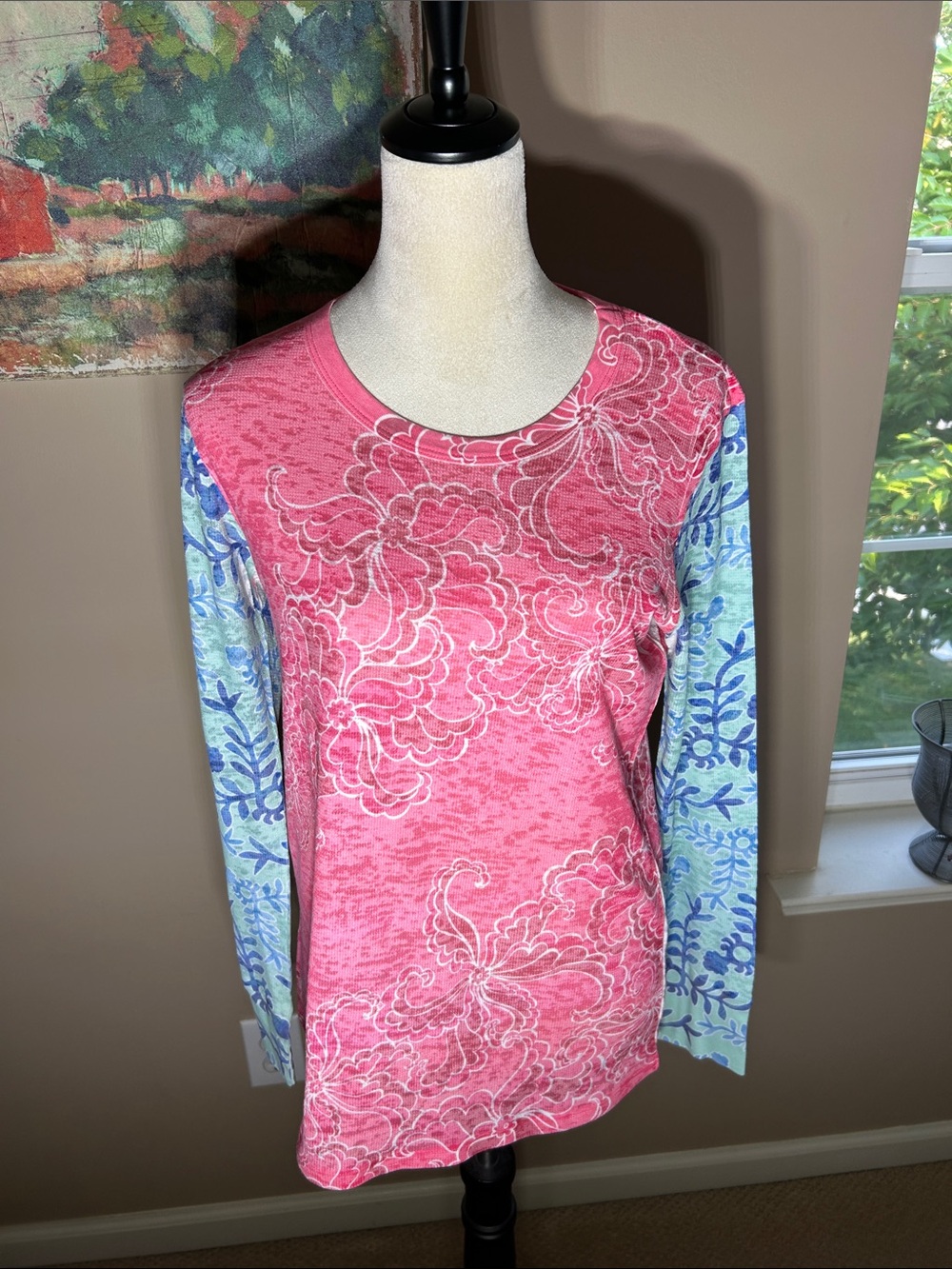 Before + Again  Pink Floral Long Sleeve Tee with Blue Patterned Sleeves
